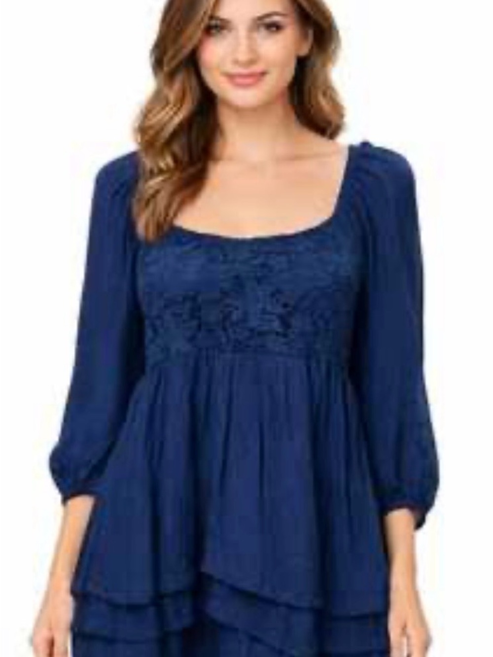 Square-Neck Navy Blue Embroidered Peasant Dress
